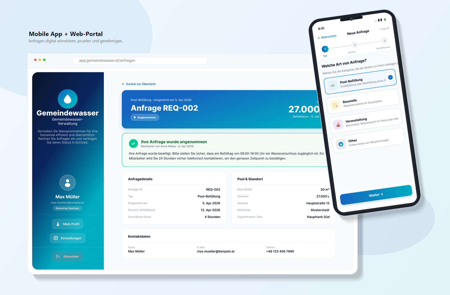 Kombinierte Ansicht aus Web-Portal und mobiler App von Gemeindewasser
